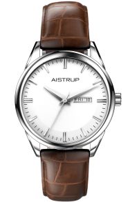 Klassiek herenhorloge met witte wijzerplaat, datum- en dagweergave en bruine leren band uit de Aistrup Classic 78 collectie | AIW7801