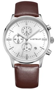 Klassiek herenhorloge met witte wijzerplaat, chronograaffunctie en 43mm kast van roestvrij staal met bruine leren band | AIW8104