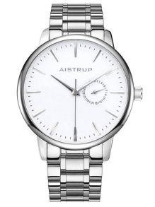 Elegant herenhorloge met witte wijzerplaat, datumaanduiding en roestvrijstalen band in minimalistisch design | Aistrup Rounded Elegance AIW8201
