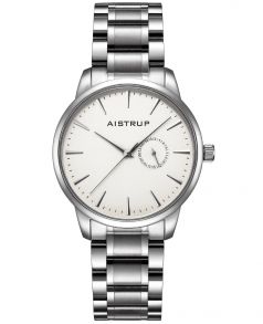 Elegant herenhorloge met witte wijzerplaat, datumaanduiding en roestvrijstalen band in minimalistisch design | Aistrup Rounded Elegance AIW8201