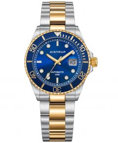 Elegant automatisch duikhorloge met blauwe wijzerplaat, bijpassende blauwe bezel en tweekleurige stalen en gouden band voor de veeleisende man | AIW8305