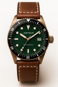 Aistrup AIW8503 Brass Classic Sapphire herenhorloge met groene wijzerplaat en leren band | AIW8503