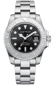 Aistrup herenhorloge met zwarte wijzerplaat, draaibare lunette en stalen band | AIW8801