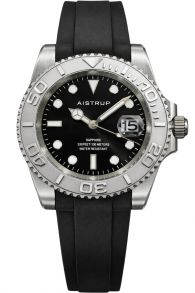 Aistrup sportief herenhorloge met zwarte wijzerplaat, zilverkleurige draaibare lunette en zwarte rubberen band | AIW8802