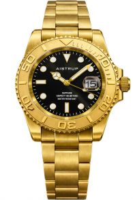 Aistrup luxe herenhorloge met zwarte wijzerplaat, goudkleurige draaibare lunette en goudkleurige stalen band | AIW8803