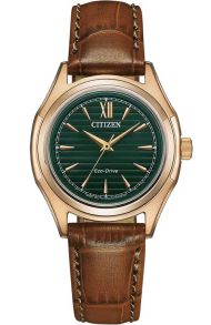 Citizen Eco-Drive dames horloge met groene wijzerplaat en leren band | FE2113-16X