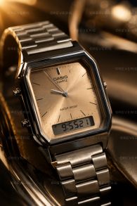 Vintage goudkleurig dual display digitaal-analoog horloge met sunray wijzerplaat | AQ-230A-4AMQYES