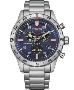 Citizen Eco-Drive chronograaf met kompas | Sportdesign met blauwe wijzerplaat | AT2520-89L