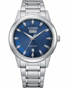 Citizen Eco-Drive herenhorloge in staal | Blauwe sunburst wijzerplaat met dag/datum | AW0100-86L