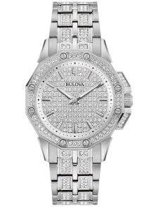 Bulova Octava Crystal dameshorloge met kristalbezette wijzerplaat en stalen band | 96L305