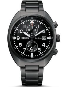 Citizen Eco-drive chronograaf in grijs IP-staal | Zwart militair ontwerp met chronograaf en 7 maanden gangreserve | CA7047-86E