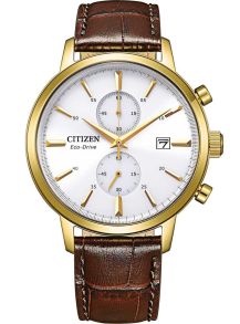 Citizen Eco-drive chronograaf met vergulde horlogekast | Klassiek herenhorloge met witte wijzerplaat en bruine leren band | CA7062-15A