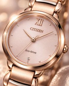 Citizen Eco-Drive dameshorloge in rosé met diamant, Romeinse cijfers en saffierkristal | EM0922-81X