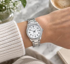 Dames stalen horloge met witte wijzerplaat en Arabische cijfers | LTP-1302PD-7BVEG