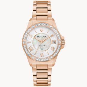 Bulova Marine Star dameshorloge met parelmoer wijzerplaat, diamanten en roségouden afwerking | 98R295