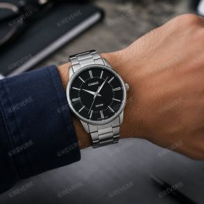 Zakelijk horloge met stalen armband en zwarte wijzerplaat | MTP-1303PD-1AVEG