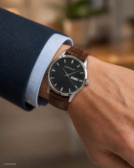 Sofisticated herenhorloge met zwarte wijzerplaat, dag- en datumweergave en bruine leren band in elegante krokodillentextuur | AIW7803