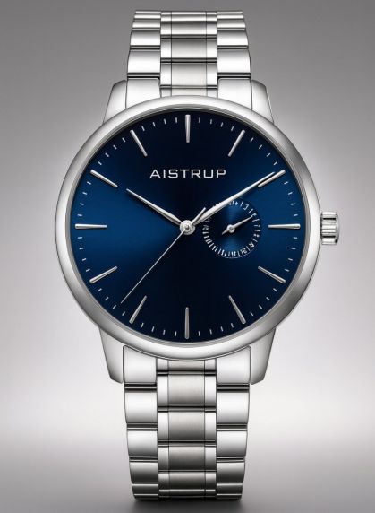 Sofisticated herenhorloge met marineblauwe wijzerplaat, datumaanduiding en roestvrijstalen band in Scandinavisch design | Aistrup Rounded Elegance AIW8202