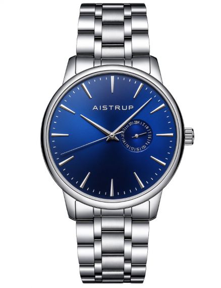 Sofisticated herenhorloge met marineblauwe wijzerplaat, datumaanduiding en roestvrijstalen band in Scandinavisch design | Aistrup Rounded Elegance AIW8202