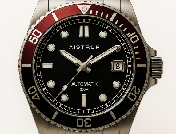 Stijlvolle automatische duikhorloge met zwarte wijzerplaat, rode bezel en 200 meter waterdichtheid van professionele kwaliteit | AIW8302