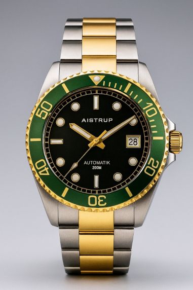 Prestigieus automatisch duikhorloge met zwarte wijzerplaat, groene bezel en bi-color band in elegant staal en goud design | AIW8304