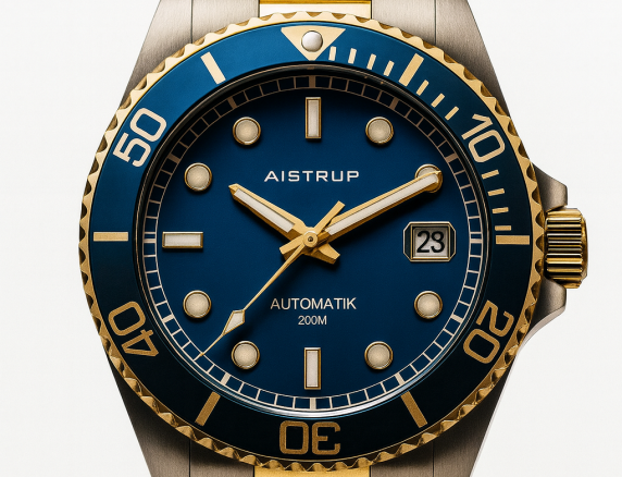 Elegant automatisch duikhorloge met blauwe wijzerplaat, bijpassende blauwe bezel en tweekleurige stalen en gouden band voor de veeleisende man | AIW8305