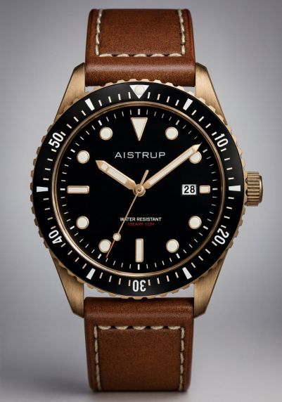 Vintage-geïnspireerde herenhorloge in messing met zwarte wijzerplaat, leren band en 100 meter waterdichtheid in maritiem ontwerp | AIW8501