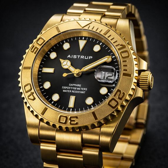 Aistrup luxe herenhorloge met zwarte wijzerplaat, goudkleurige draaibare lunette en goudkleurige stalen band | AIW8803