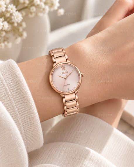 Citizen Eco-Drive dameshorloge in rosé met diamant, Romeinse cijfers en saffierkristal | EM0922-81X