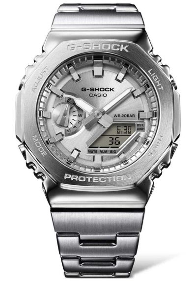 Zilveren metalen G-SHOCK met slank profiel en digitaal-analoog uurwerk | GM-2110D-7AER